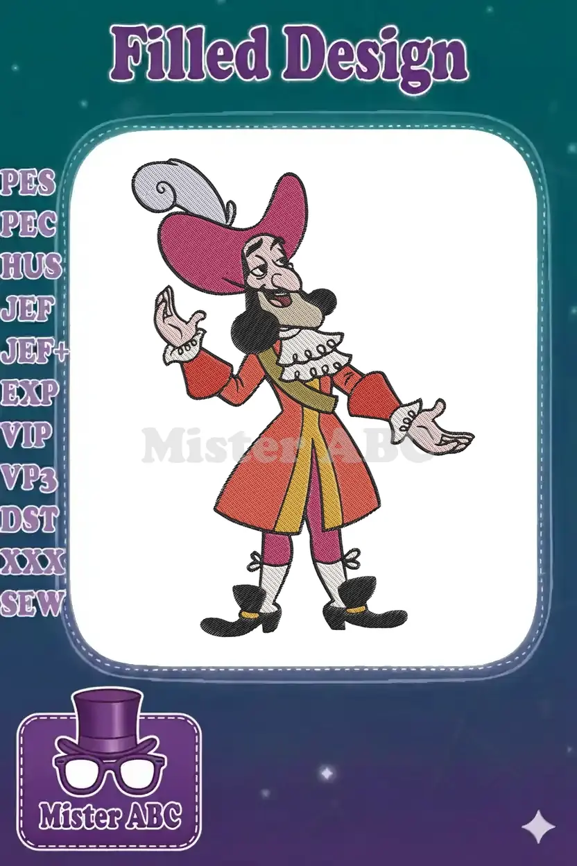 Embroidered Captain Hook design, a classic villain with his signature red coat, hat, and hook, full of character.