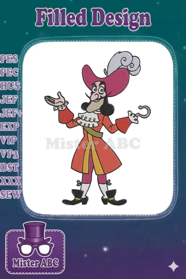 Vibrant Captain Hook embroidery design, featuring his iconic red coat, pink hat, and signature hook hand.