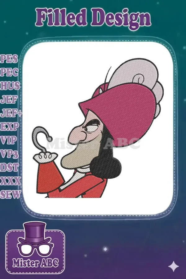 A close-up embroidery design of Captain Hook, featuring his signature red coat, feathered hat, and menacing hook.