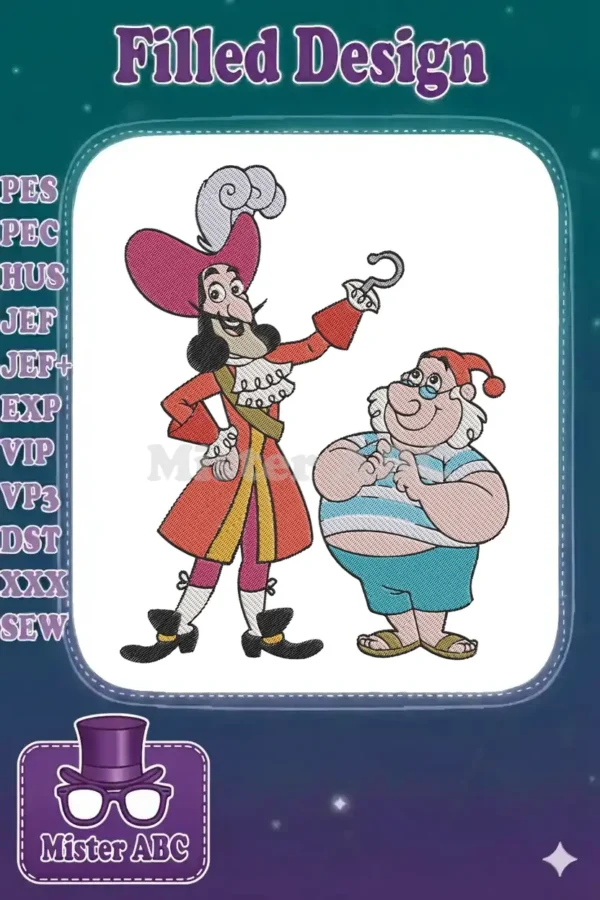 Vibrant embroidery featuring Captain Hook and Mr. Smee from Peter Pan, a detailed and colorful cartoon design.
