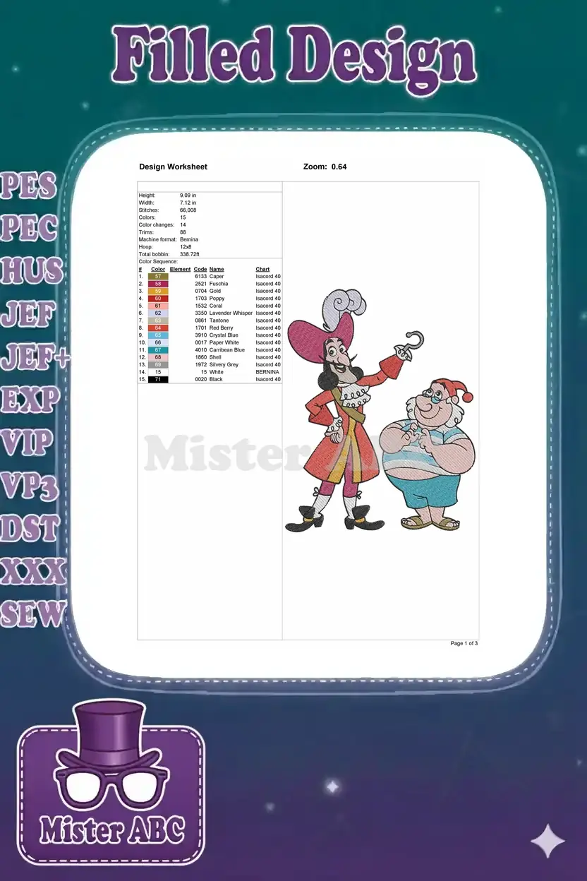 Embroidery design worksheet for Captain Hook and Mr. Smee, detailing stitches, colors, dimensions, and thread chart.