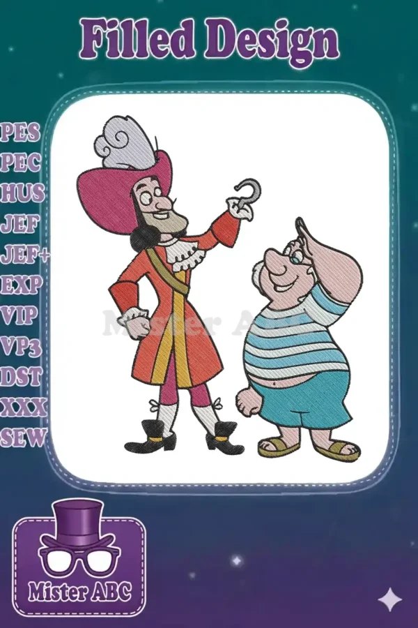 Classic embroidery design featuring Captain Hook with his hook raised, and Mr. Smee looking up, full of character.