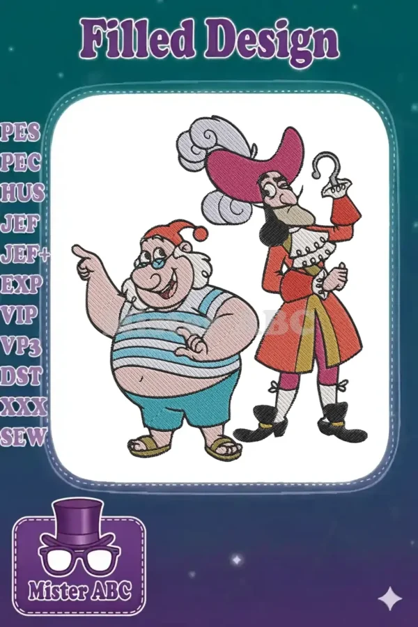 High-quality embroidery design featuring Captain Hook and Mr. Smee in full color, ready for your next project.
