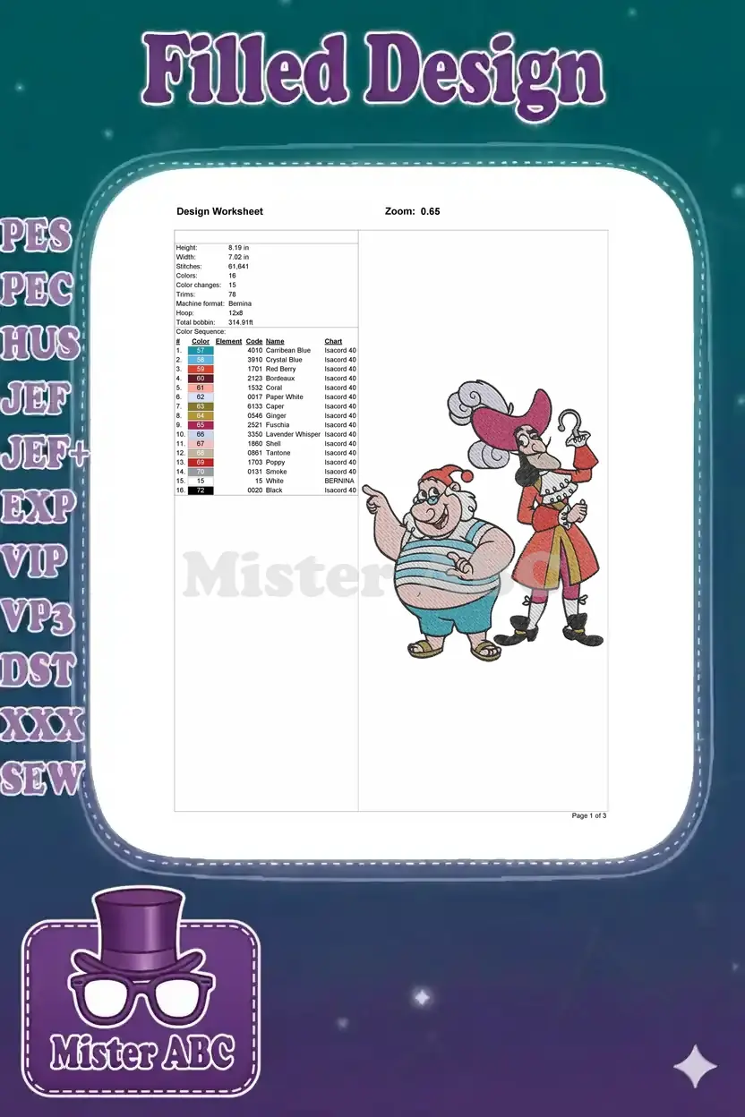 Embroidery design worksheet detailing dimensions, stitch count, color sequence, and thread information for the design.
