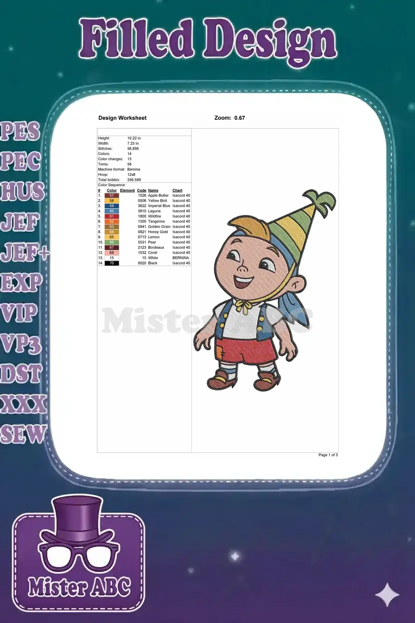 Embroidery design worksheet for Snap, showing dimensions, stitch count, color sequence, and thread details.
