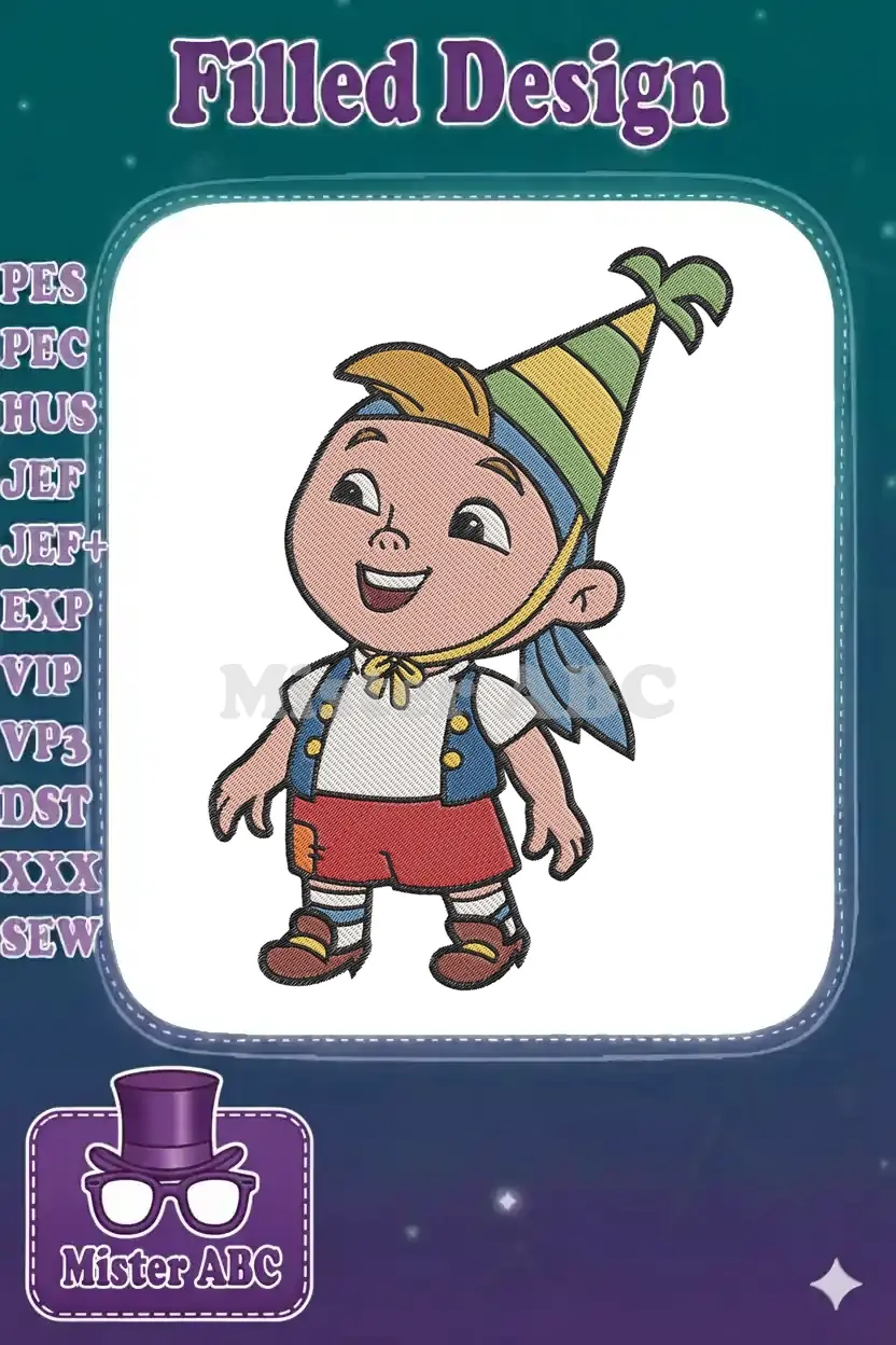 Full-color embroidery design of Snap from Rice Krispies, featuring his iconic striped hat and cheerful expression.