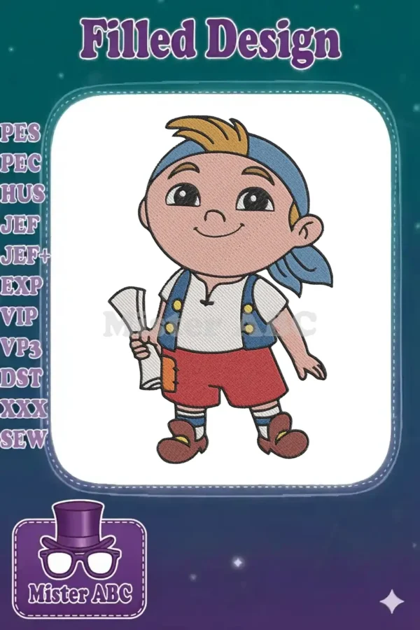 A cheerful Jake the Pirate embroidery design, featuring the popular character in his iconic outfit with a map.