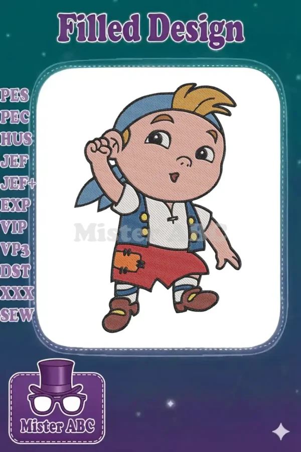 A colorful fill stitch embroidery design featuring a young, adventurous pirate character with a blue bandana and vest.