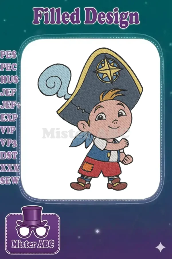 A cheerful embroidery design featuring Jake from Jake and the Never Land Pirates, ready for adventure.