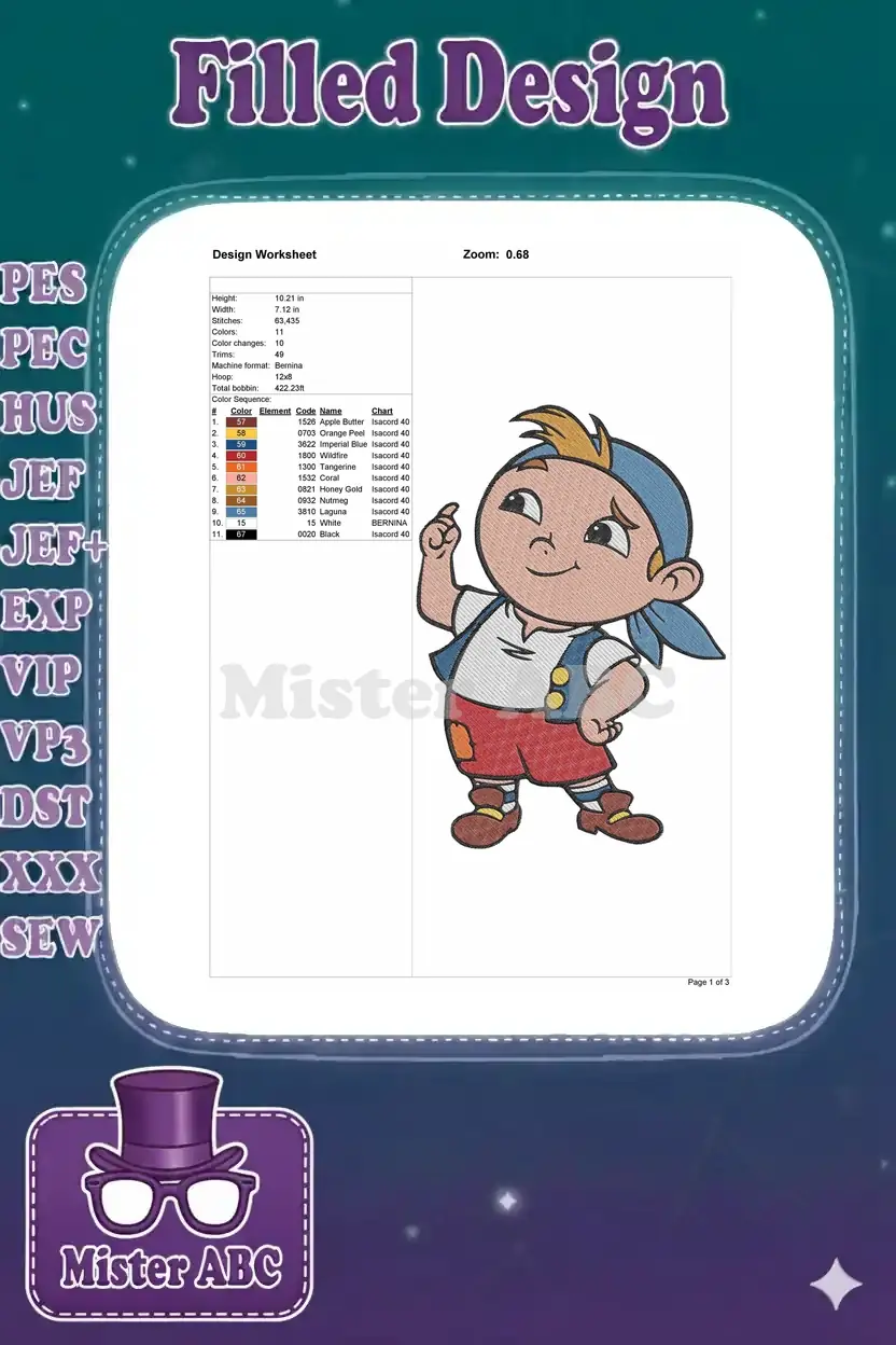 Design worksheet for Jake the Pirate embroidery, detailing dimensions, stitch count, color sequence, and machine info.