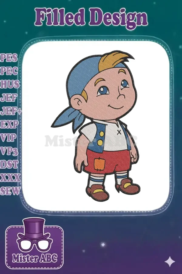 A vibrant embroidery design featuring Cubby, the cheerful pirate from Never Land, ready for adventure.