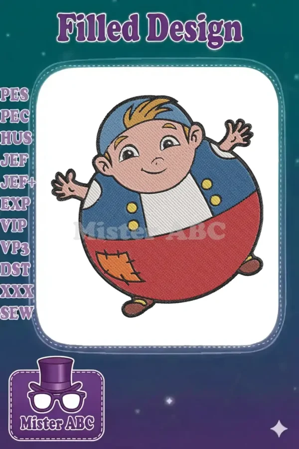 Vibrant embroidery of a cheerful, round Cubby-like character with a blue hat, red pants, and happy smile.