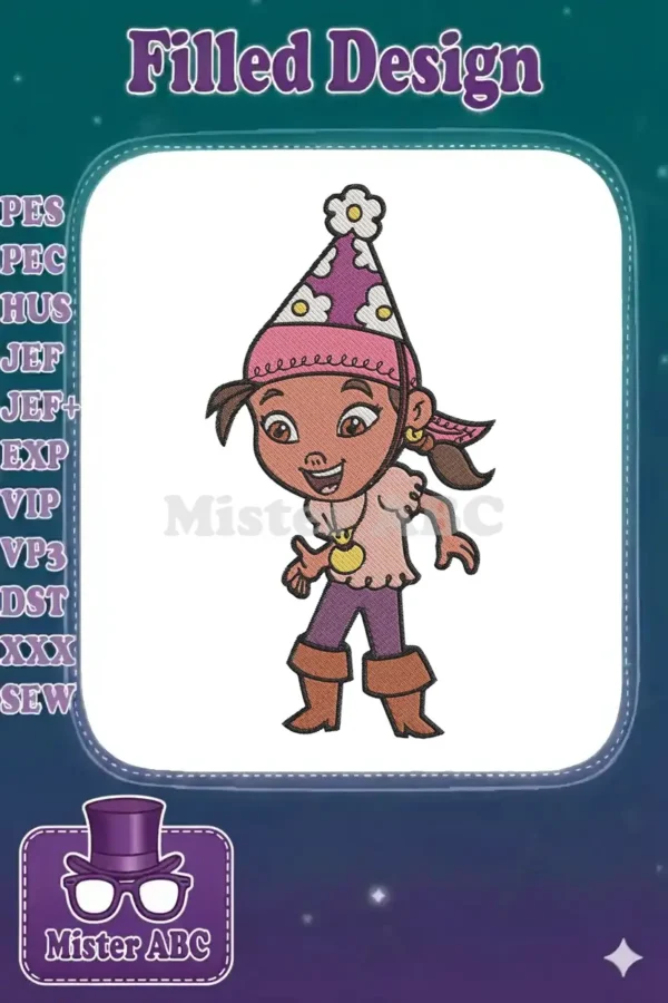 High-quality embroidery design of Izzy from Jake and the Never Land Pirates, featuring her distinctive pirate hat and outfit.