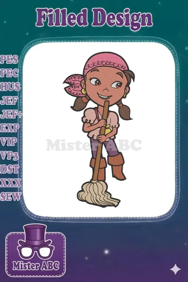 Detailed embroidery design of Izzy from Jake and the Never Land Pirates, holding a mop, with vibrant colors.