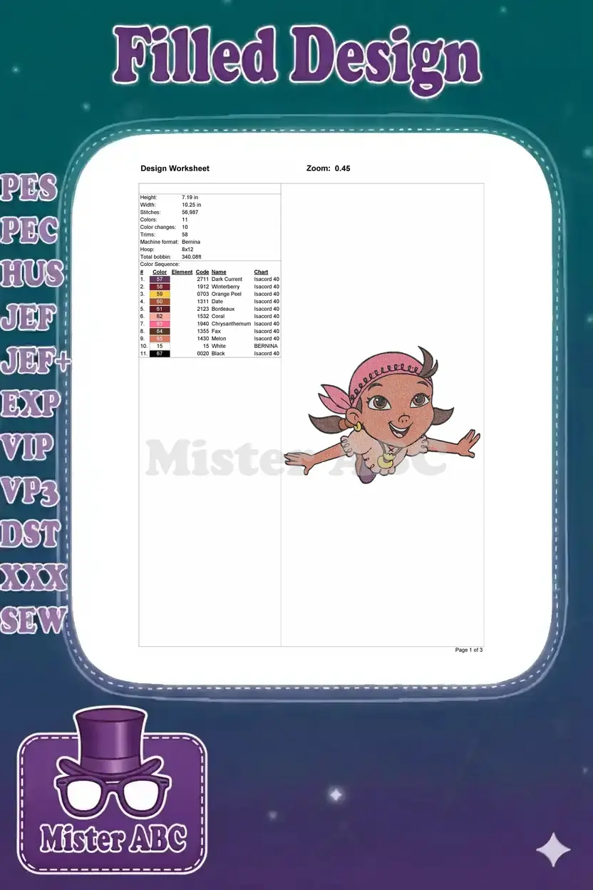 Detailed embroidery design worksheet for Izzy, showing dimensions, stitch count, color sequence, and machine formats.