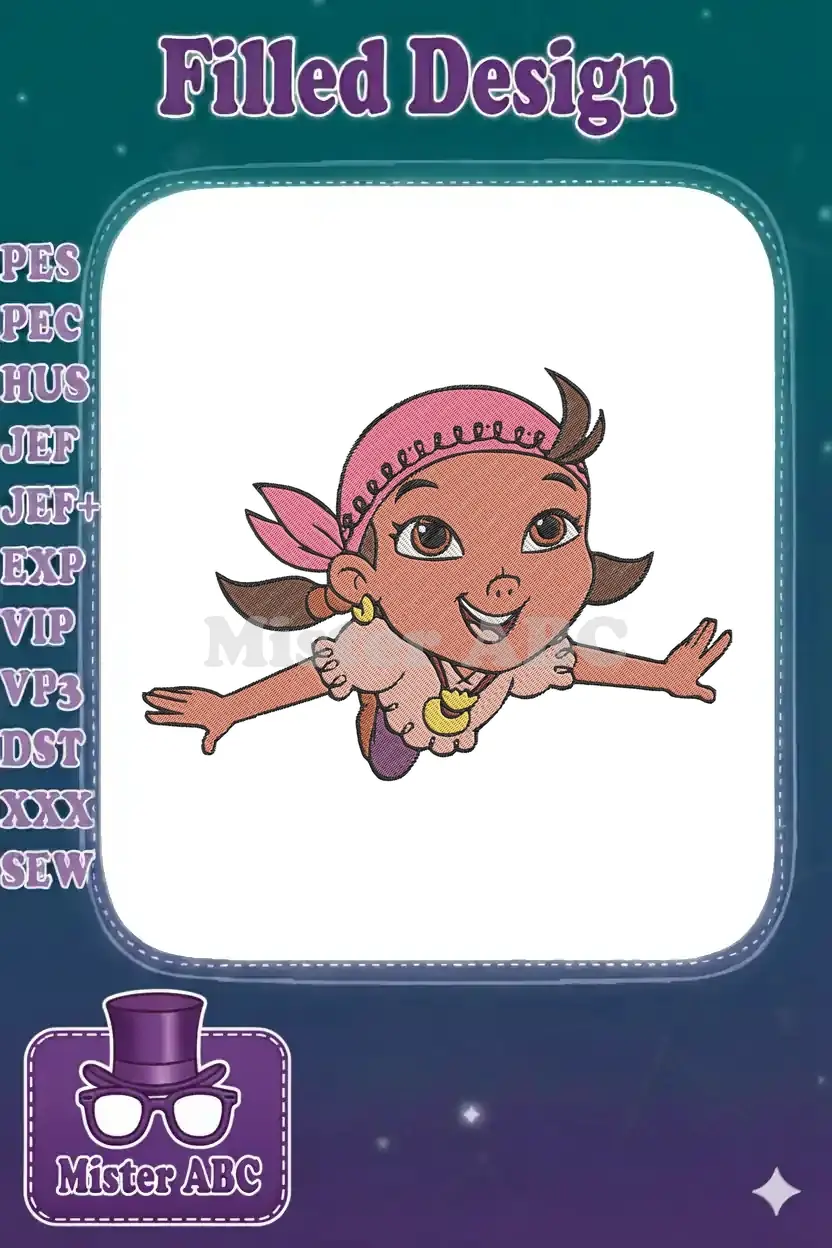 Vibrant Izzy embroidery design from Jake and the Never Land Pirates, featuring her pink bandana and joyful expression.