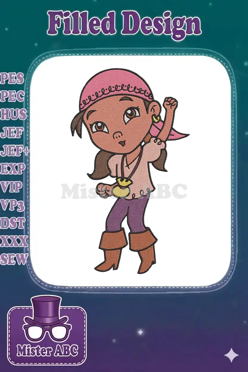 A vibrant embroidery design of Izzy from Jake and the Never Land Pirates, capturing her adventurous spirit.