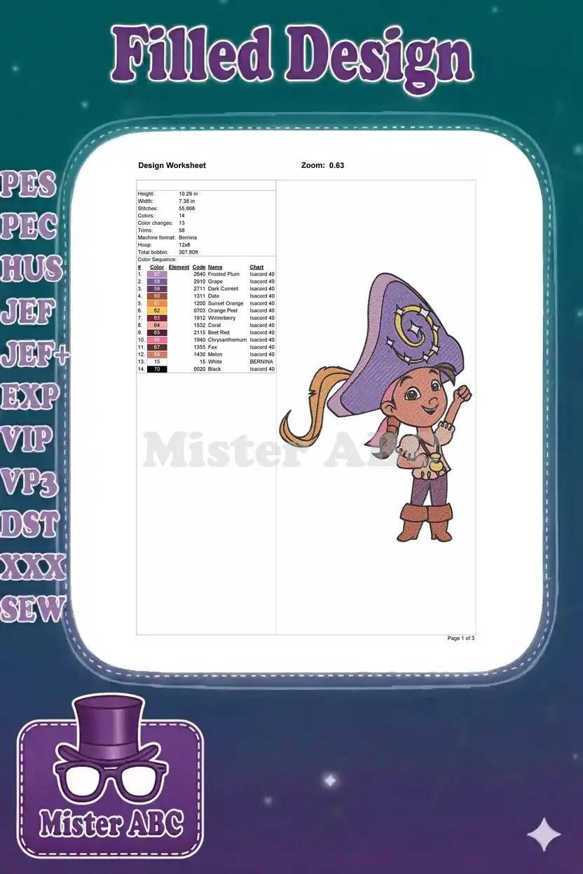 Detailed design worksheet for the Izzy embroidery, displaying dimensions, stitch count, color sequence, and machine info.