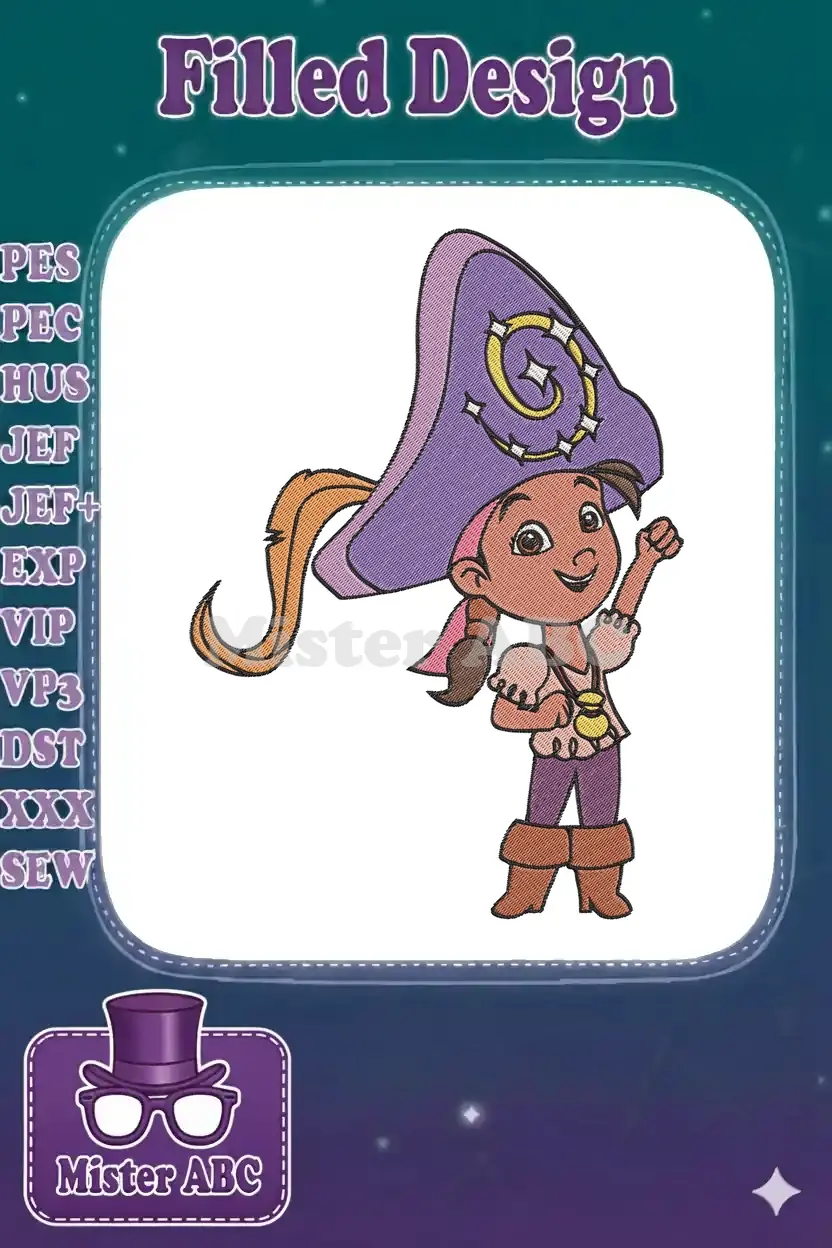 Embroidered image of Izzy from Jake and the Never Land Pirates, smiling with a purple pirate hat and gold details.