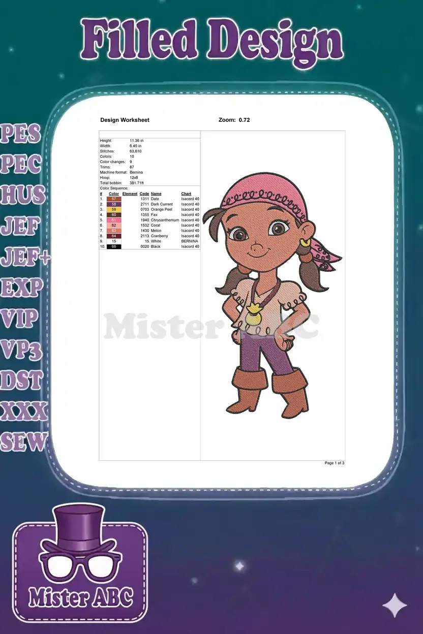 Embroidery design worksheet for Izzy, showing dimensions, stitch count, colors, and thread codes.