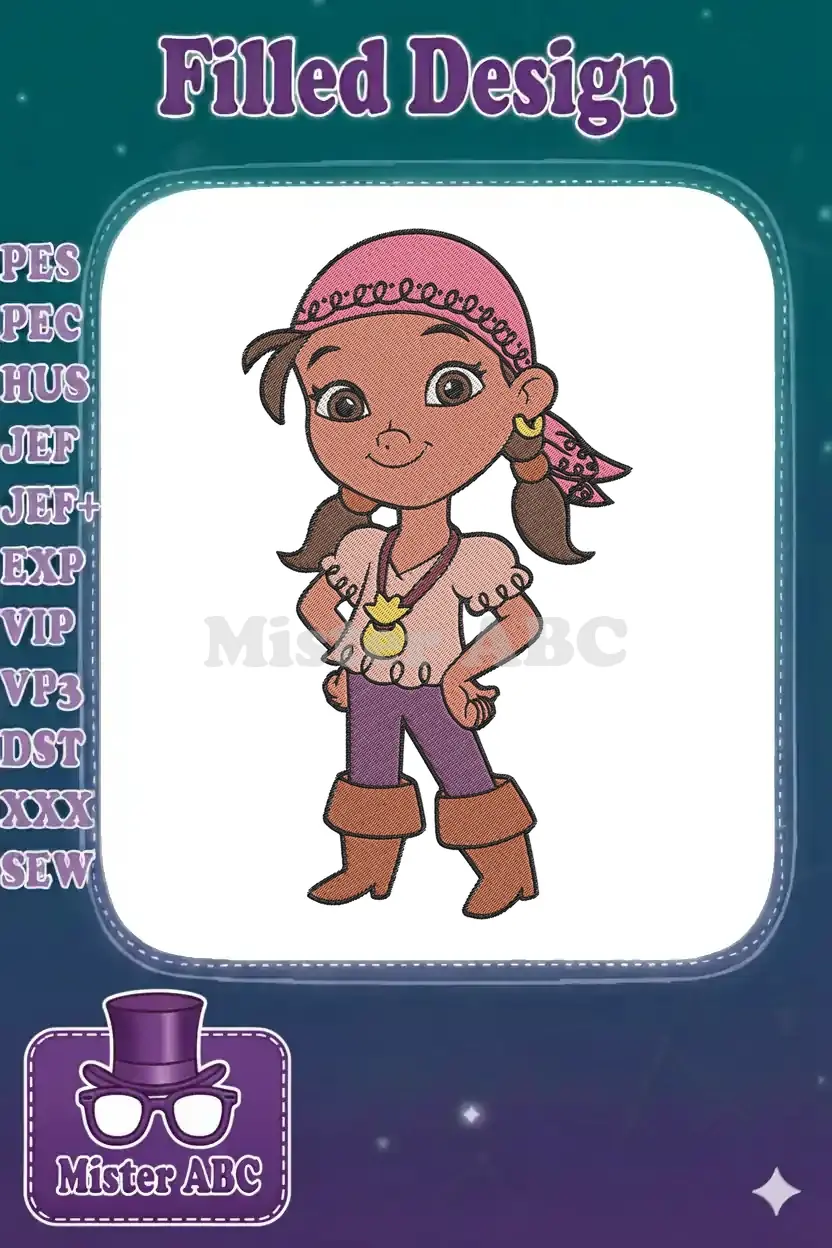 A vibrant fill stitch embroidery design featuring Izzy from Jake and the Never Land Pirates, smiling with hands on hips.