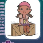 Cute cartoon pirate girl Izzy on wooden crate embroidery designs - Instant Download