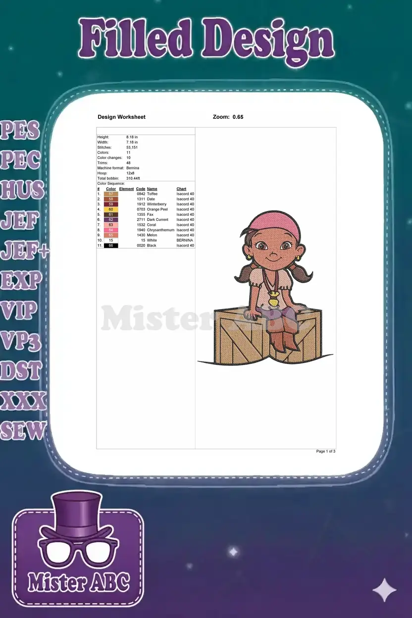 Embroidery design worksheet for Izzy, detailing stitch count, dimensions, color sequence, and machine info.