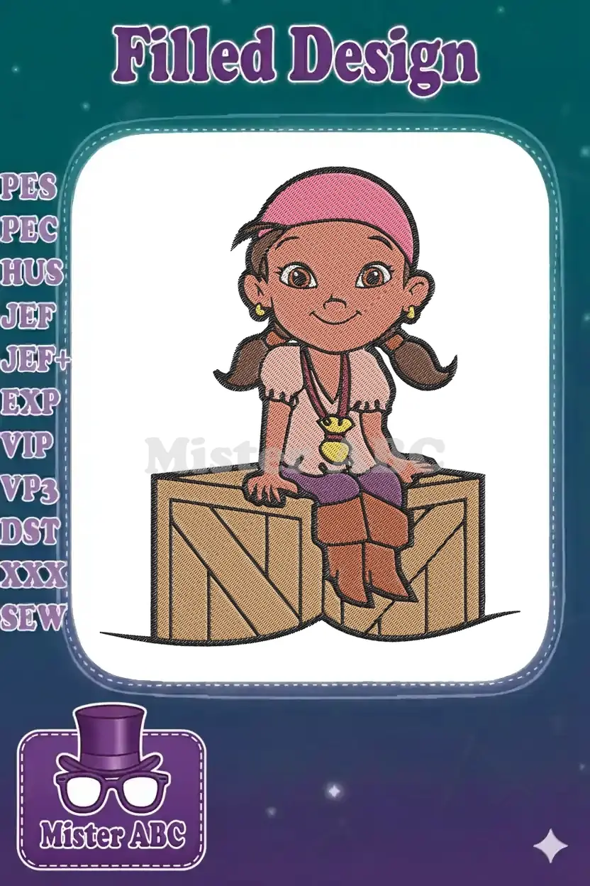 Vibrant machine embroidery design of Izzy from Jake and the Never Land Pirates, sitting playfully on wooden crates.