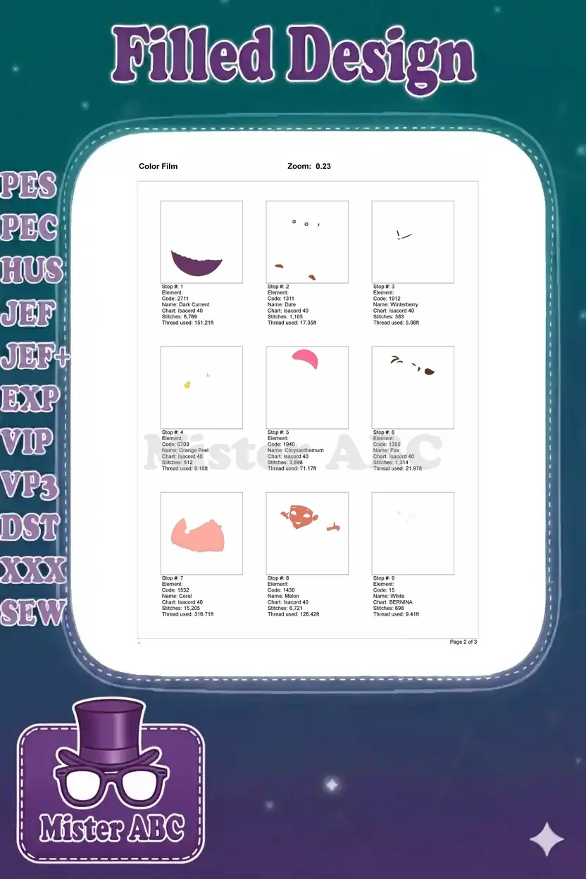 Color film breakdown of the embroidery design, showing the first nine color stops and their stitch details.