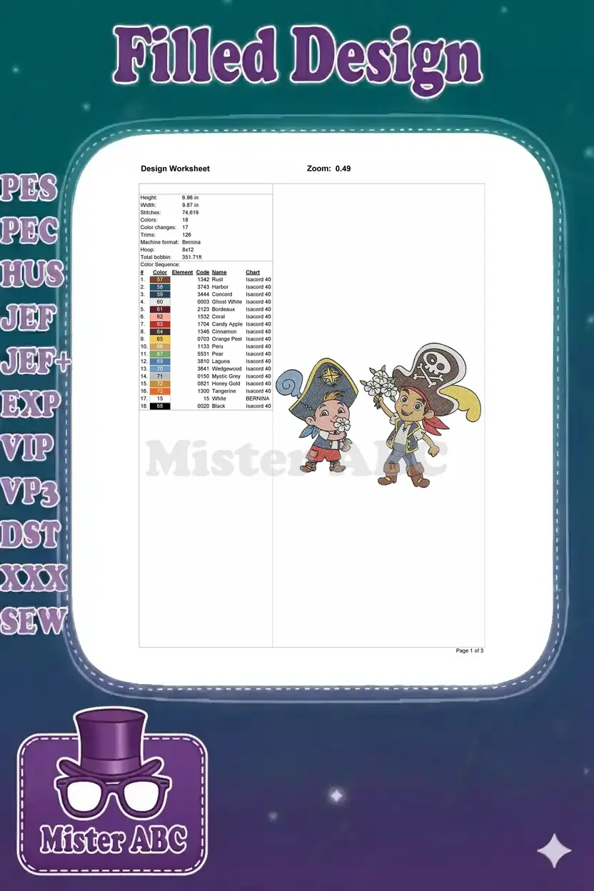 Detailed embroidery design worksheet showing dimensions, stitch count, color sequence, and thread chart.
