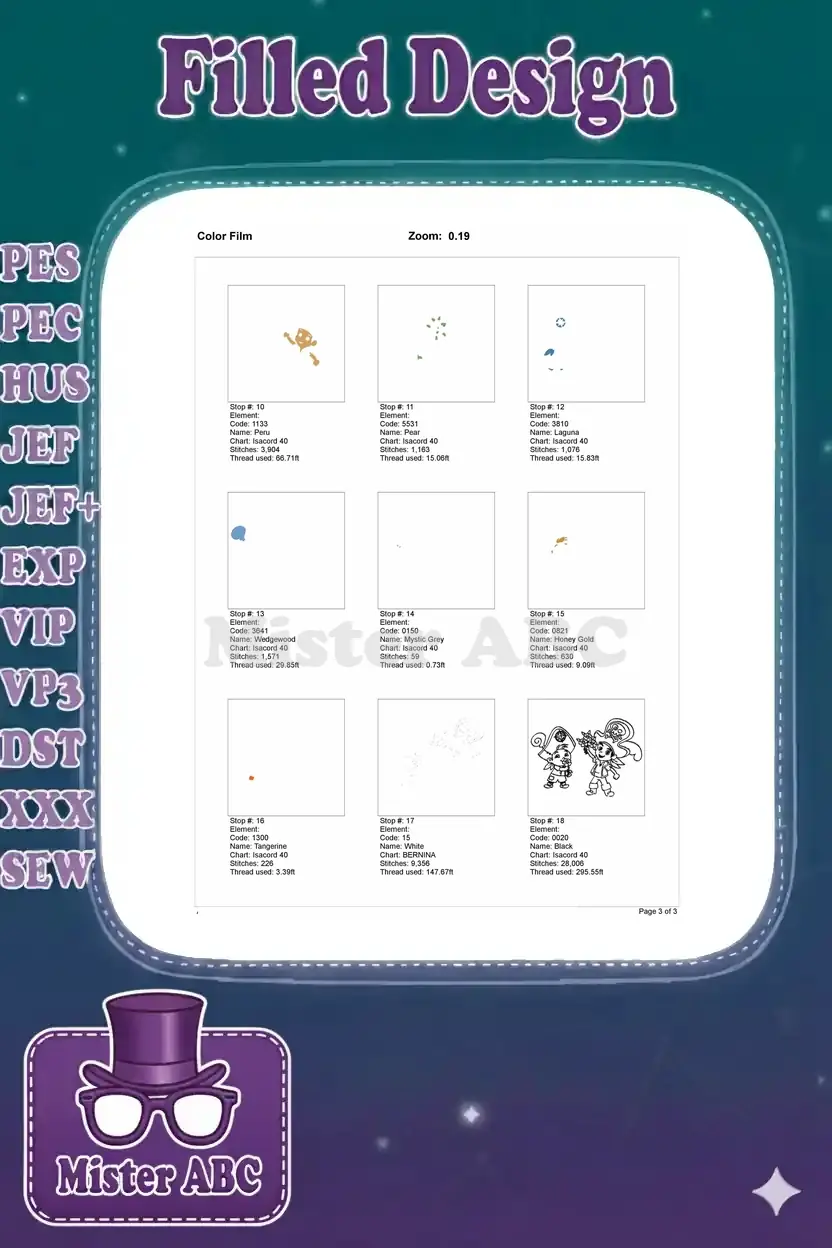 Second page of the color film, illustrating the final nine embroidery color stops and thread details.