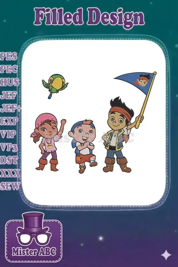 Jake, Izzy, Cubby, and Skully embroidery design, featuring vibrant colors and detailed character stitching.