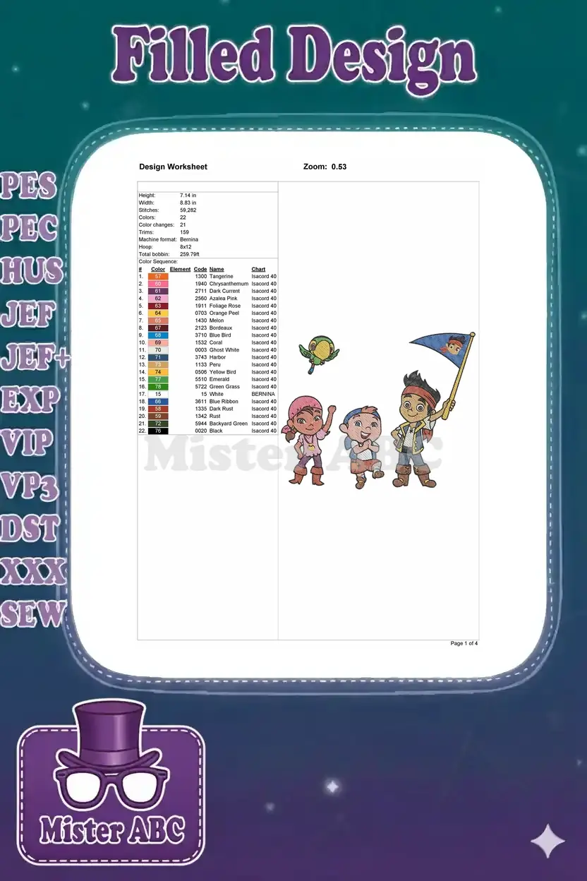 Embroidery design worksheet showing Jake and friends, stitch count, color changes, and thread chart details.