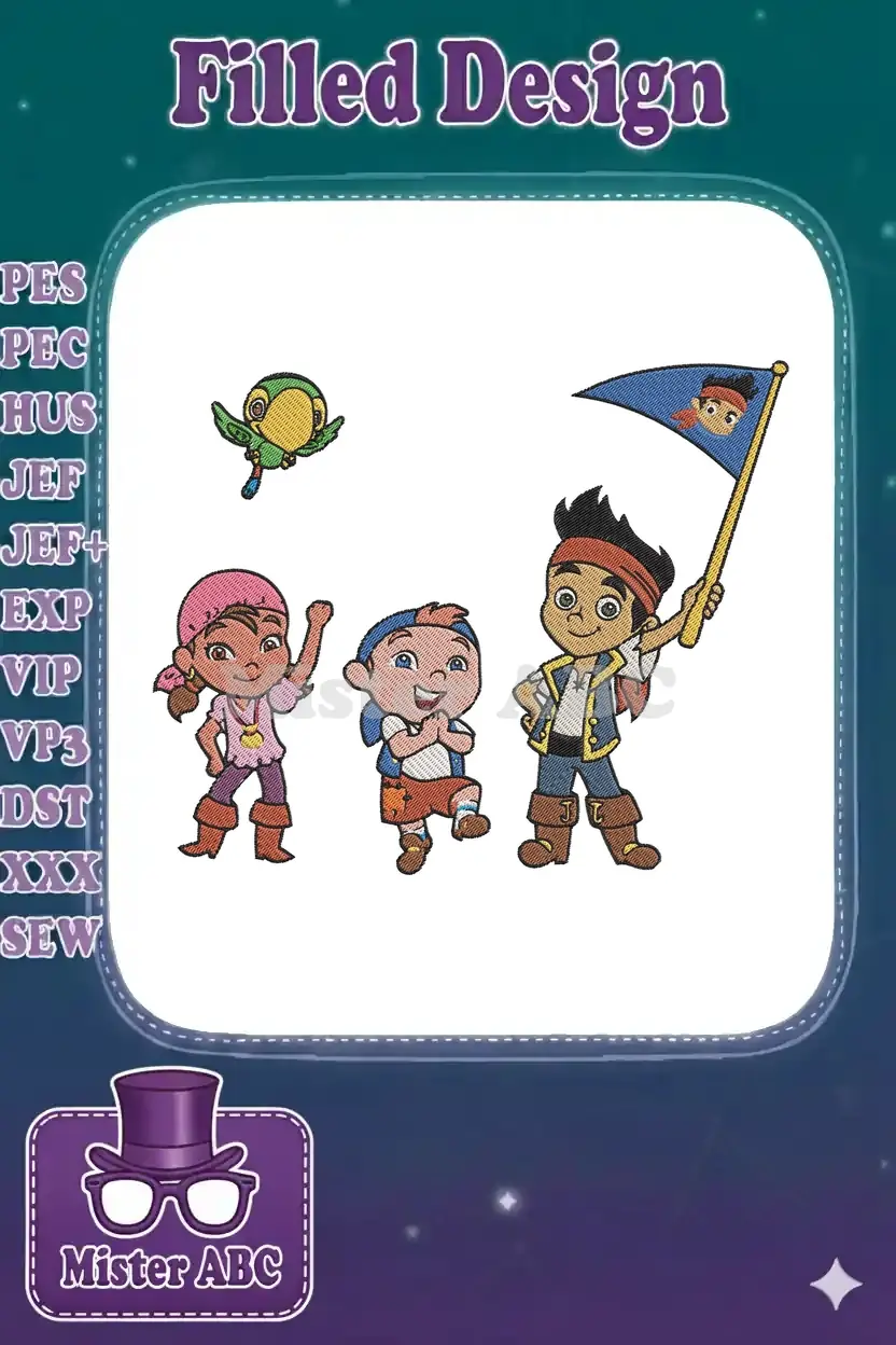 Jake, Izzy, Cubby, and Skully embroidery design, featuring vibrant colors and detailed character stitching.