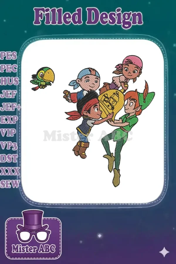 Vibrant embroidery design featuring Jake, Izzy, Cubby, Skully, and Peter Pan with a golden doubloon.