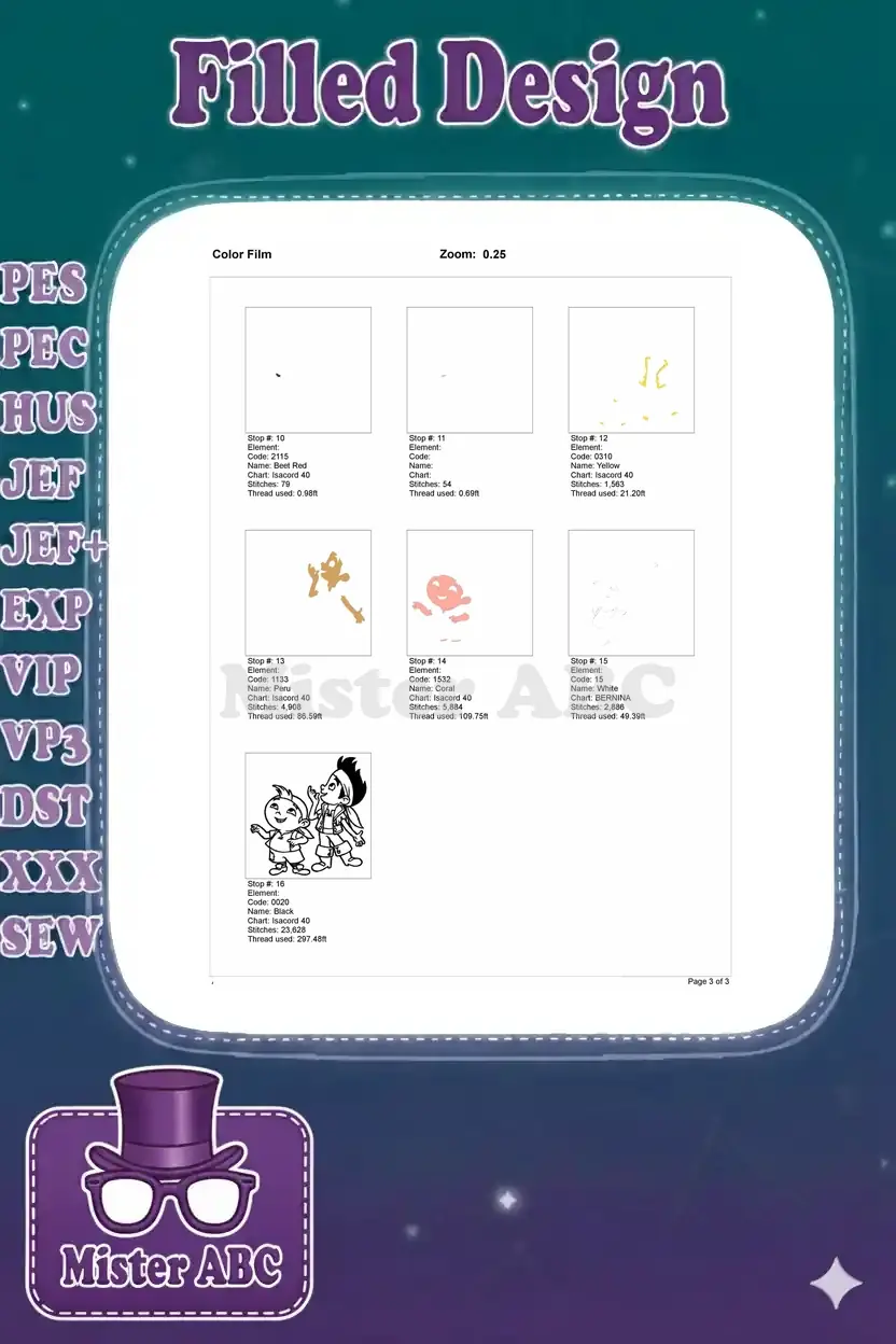 Color film page 3, showing the remaining color elements and the final black outline for the embroidery.