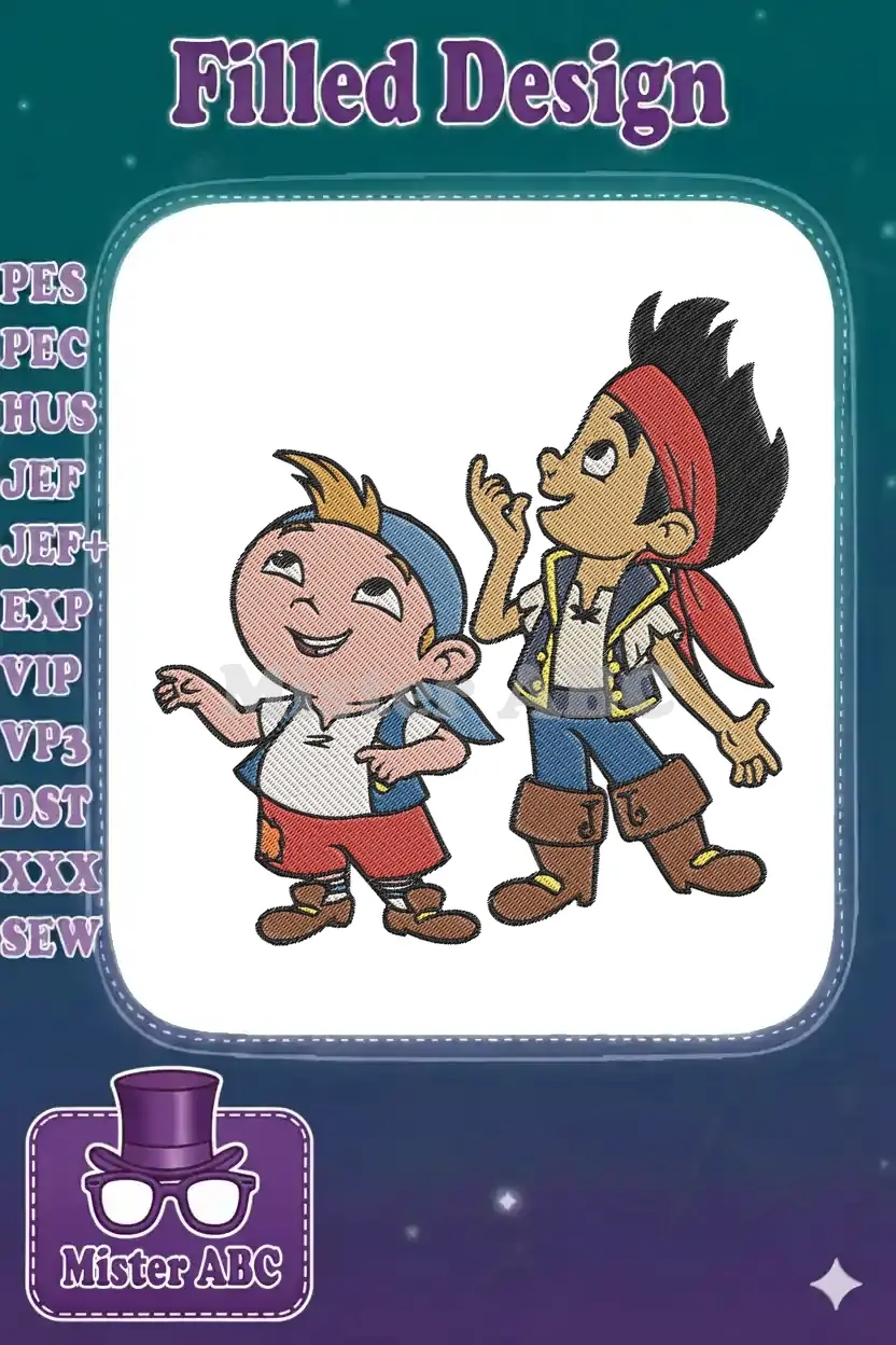 Vibrant embroidery design featuring Jake and Cubby from Never Land Pirates, smiling and looking upwards.