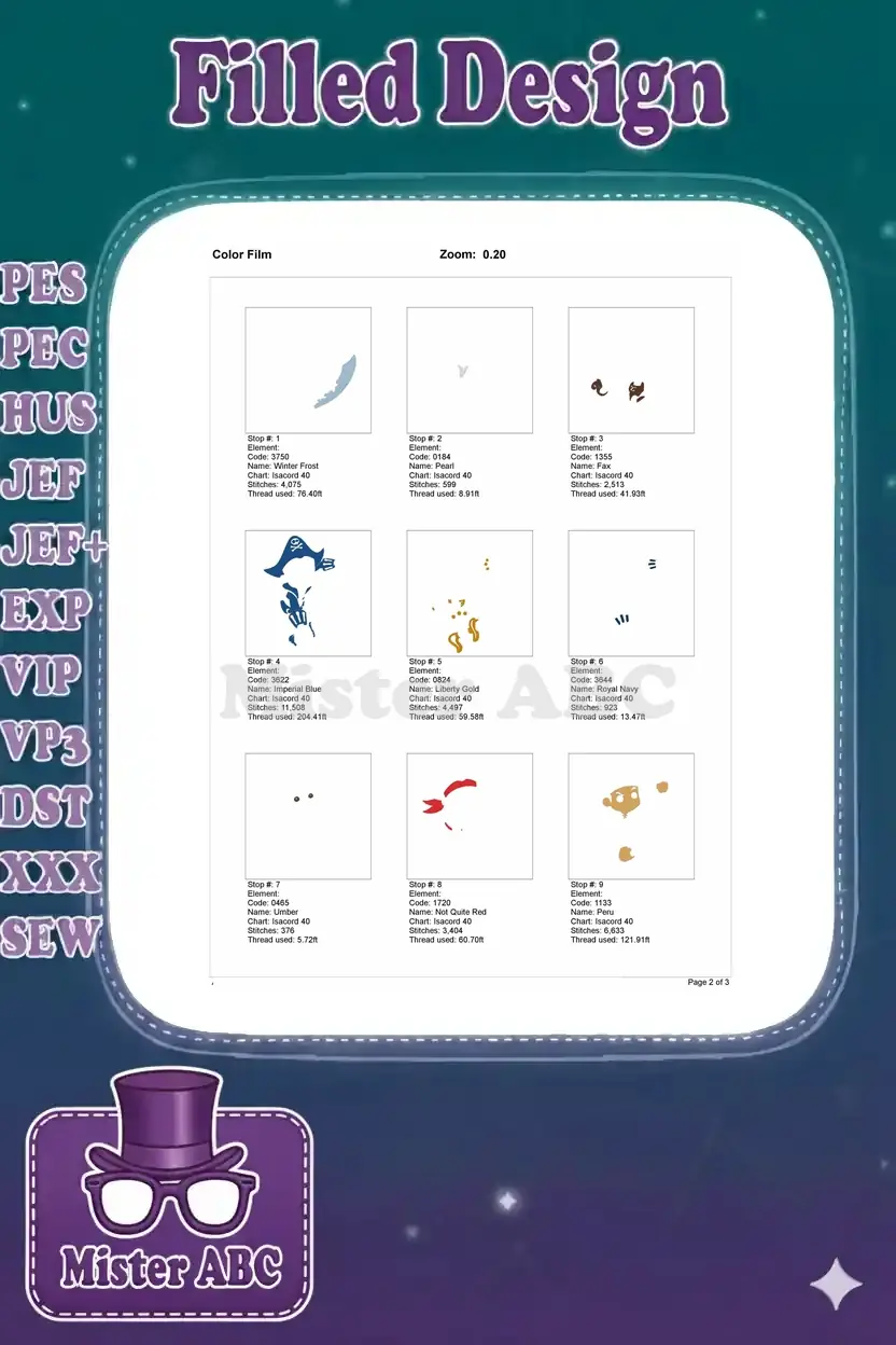 First nine color film stops for the Jake the Pirate embroidery, showing individual color elements and stitch counts.