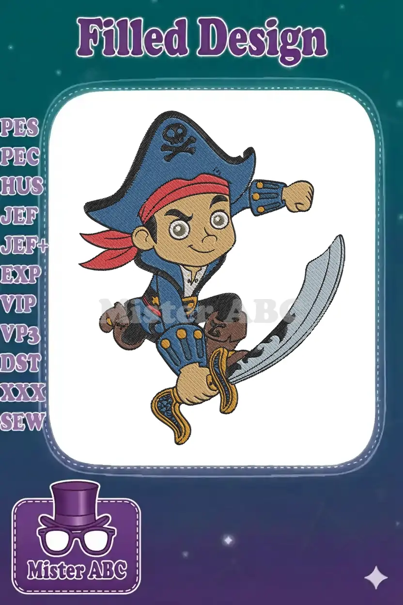 Vibrant embroidery of Jake from Jake and the Never Land Pirates, mid-action with a sword, perfect for kids' items.