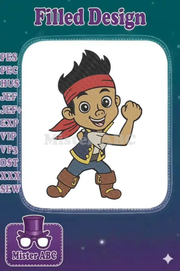 Embroidery design of Jake from Jake and the Never Land Pirates, cheerful and ready for adventure.