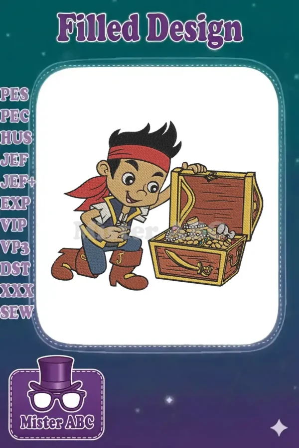 Vibrant embroidery design featuring Jake the Pirate kneeling beside an open treasure chest overflowing with gold.