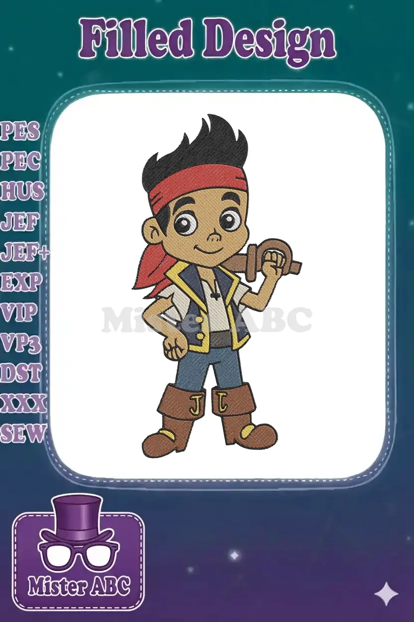 High-quality embroidery design featuring Jake from Jake and the Never Land Pirates, smiling with his sword.