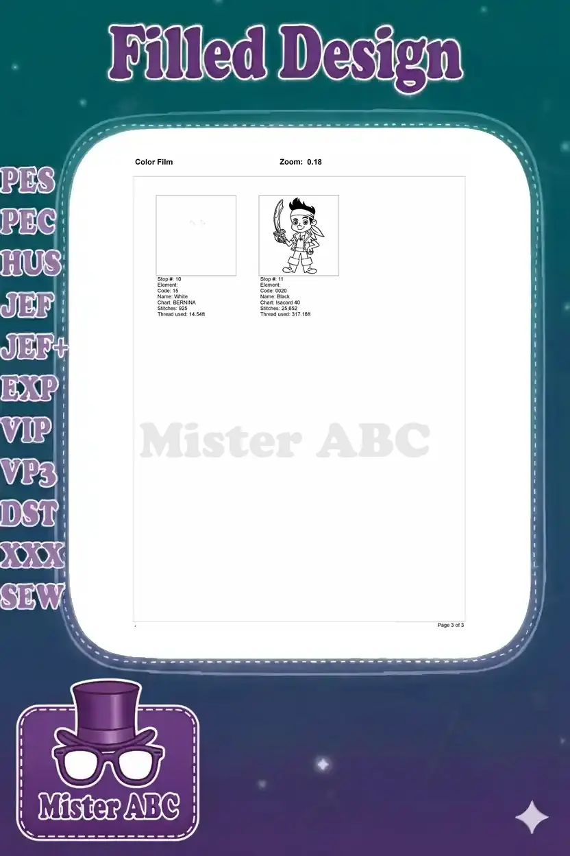 Page two of the embroidery color film, showing the final two color stops and the completed design outline.