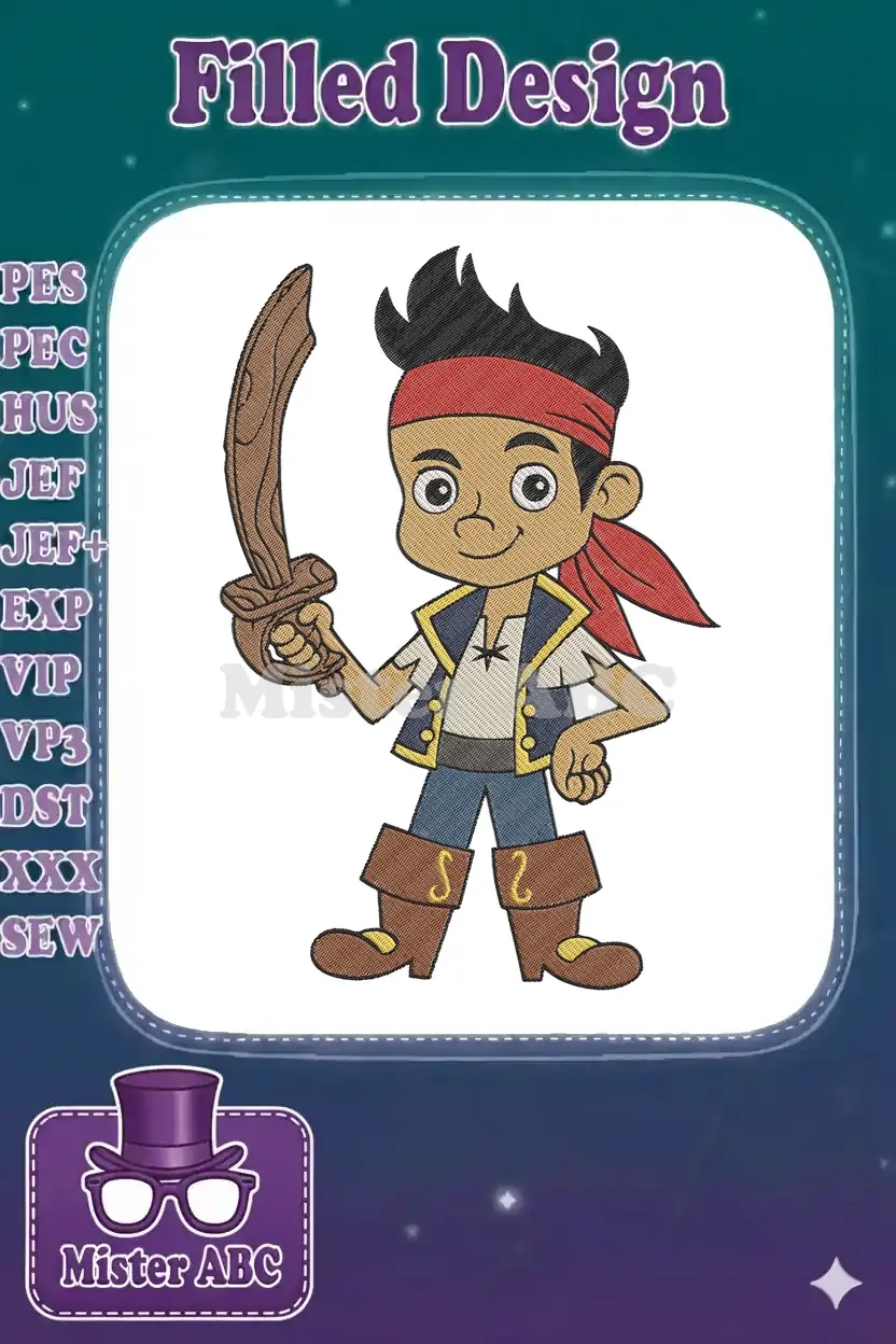A vibrant embroidery design featuring Jake from Jake and the Never Land Pirates, holding a wooden sword, ready for adventure.