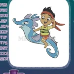 Happy cartoon boy riding a friendly blue seahorse embroidery designs - Instant Download