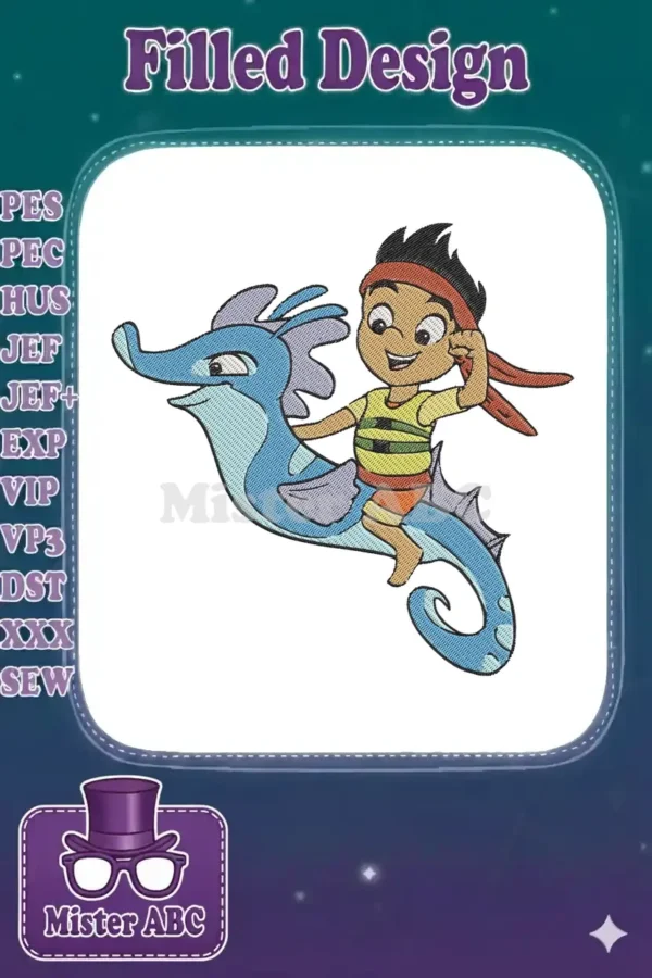 Embroidery of Jake from Never Land Pirates joyfully riding a blue seahorse, featuring vibrant colors and detailed stitching.