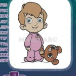 Adorable boy in pink pajamas with teddy bear embroidery designs - Instant Download