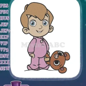 A delightful embroidery design of a young boy with light brown hair and blue eyes, wearing pink pajamas and holding a brown teddy bear.