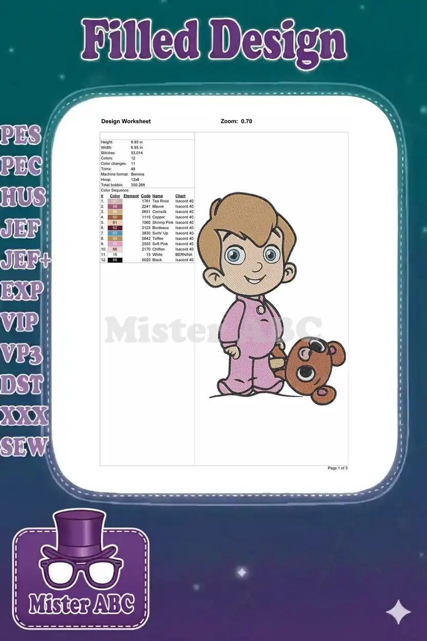 An embroidery design worksheet detailing specifications like dimensions, stitch count, color sequence, and machine settings for the design.