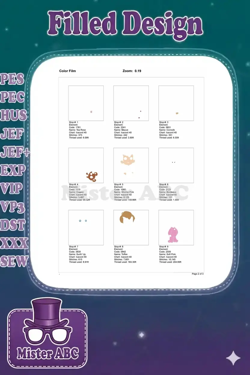 The first page of a color film document, displaying the initial six thread stops with color codes, names, stitch counts, and thread usage.